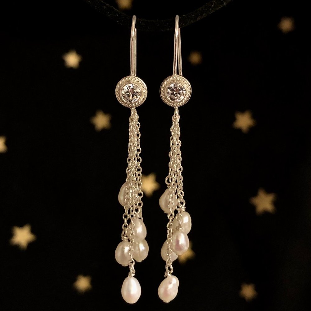 CZ Silver Earrings with Dangling Pearls